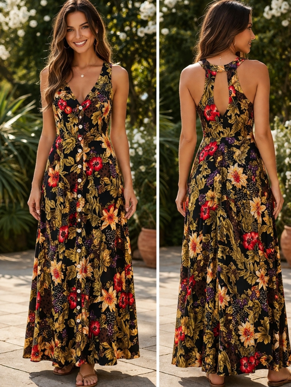 California Krush Floral Sleeveless Full Button Down Flowy Maxi Sun Dress Sz 10